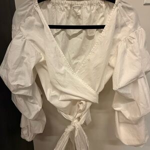 Club Monaco White Wrap Crop Top with Puff Sleeves